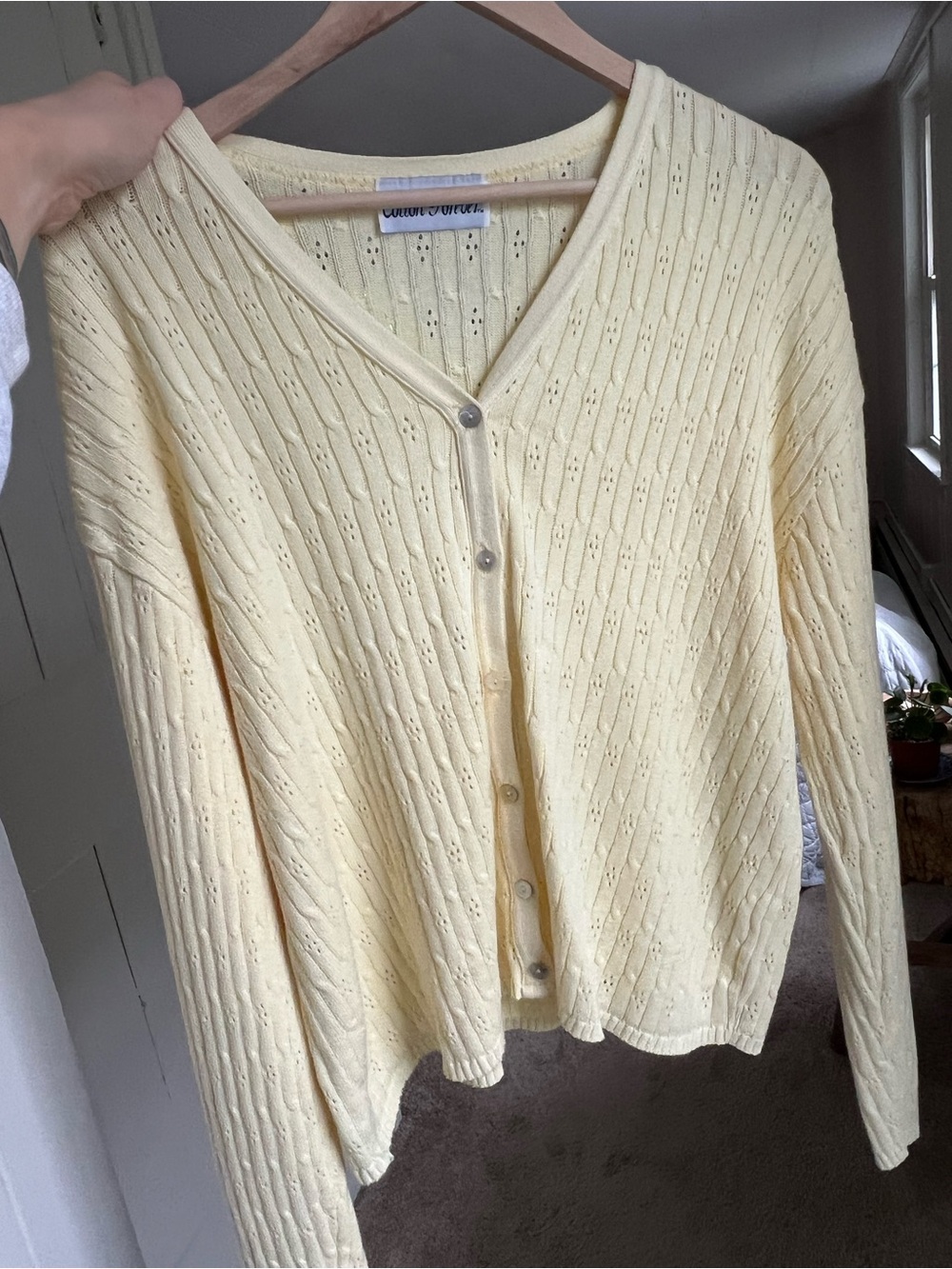 Butter Cream Yellow V-Neck Button-Up Women's Cotton Cardigan